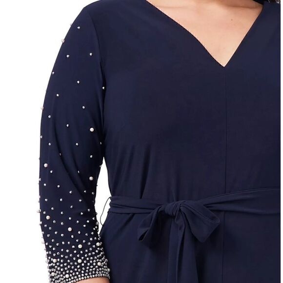 Woman PLUS MSK Navy Beaded Fit & Flare Stretch V-neck Dress midi dress 1X  New - Picture 2 of 11